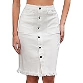 Vetinee Jean Skirts for Women Button Down Distressed Raw Hem Casual Summer Stretchy Knee Length Denim Skirt with Pockets