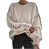 BEAUDRM Women's Fall Oversized Sweaters Stitching Long Sleeve Crew Neck Baggy Knit Pullover Jumper Tops