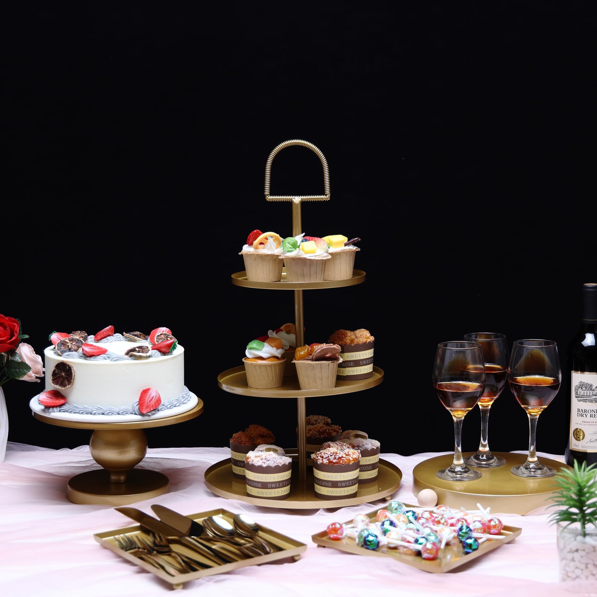 Gold Cake Stand Serving Set Decorative Desserts Display Pedestals 3-Tiered Cupcakes Holder Serving Tray for Weddings, Birthdays, Baby Showers, Celebrations Table Decoration