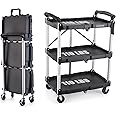 FUTURELAB Portable Folding Service Cart - 3 Tier 330LBS Capacity - Rolling Utility Foldable Cart with Wheels for Warehouse Home Workshops Garages Restaurants Offices