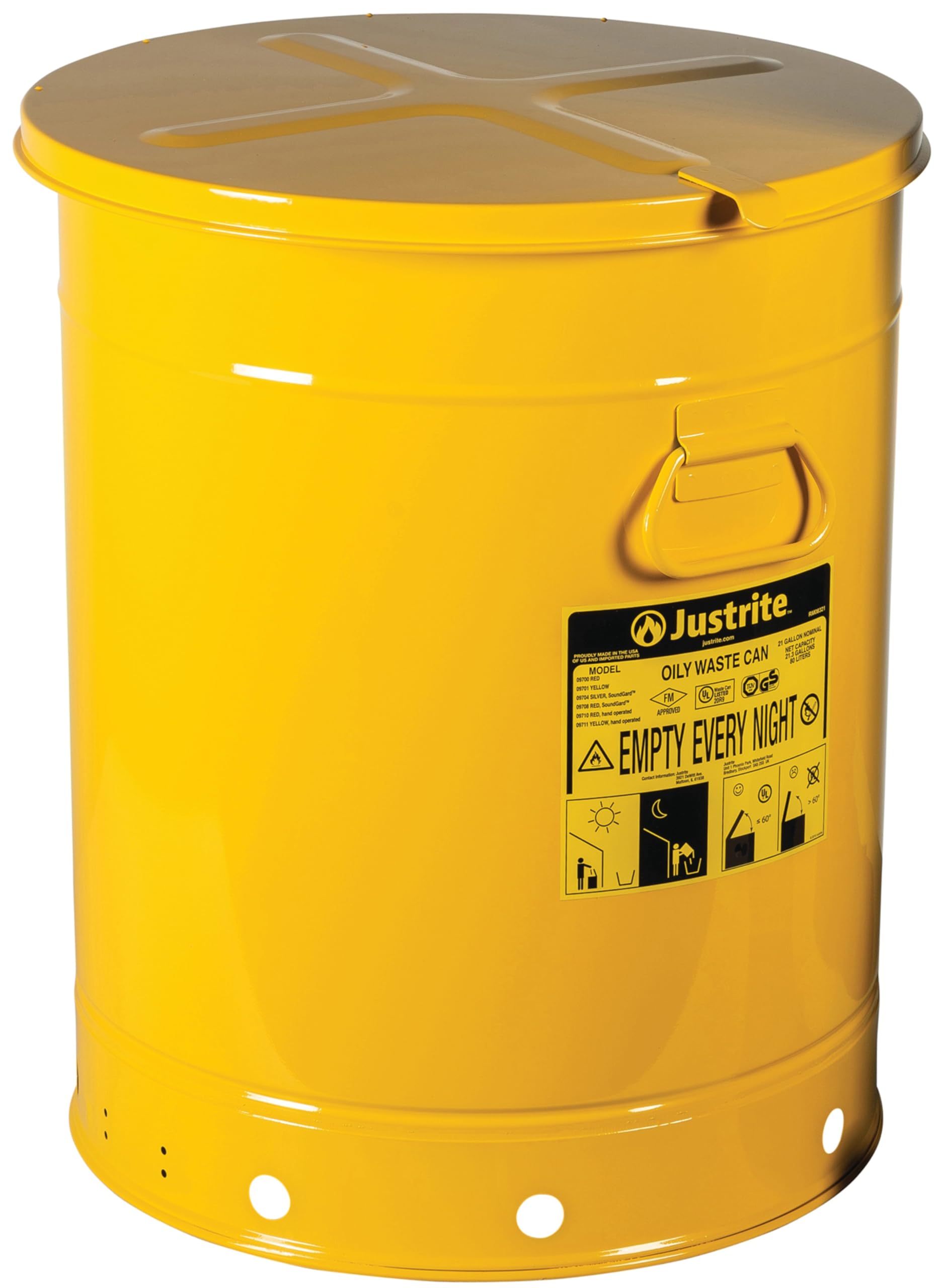 Justrite 09711 21 Gallon Oily Waste Can with Out Lever Yellow Image