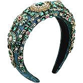 Luxury Baroque Big Wide Crystal Headband for Women Pearl Rhinestone Bead Decorative Hairband Jeweled Head Hoop Party Accessories (HDDY1077-green)