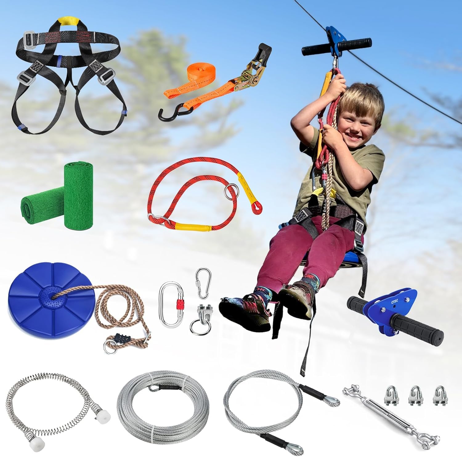CTSC Zip Line Kits for Garden, 47m Zip Wire Kit For Kids and Adults, With Stainless Steel Spring Brake, Tensioning Kit, Safety Harness, Tree Protectors (47m blue)