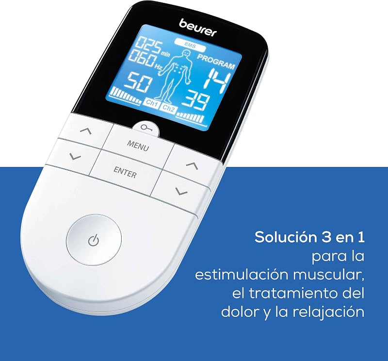 Beurer em 49 tens/ems digital, dispositivo de corrente de estimulação 3 em 1 para alívio da dor e treinamento, função de massagem, inclui 4 eletrodos, branco