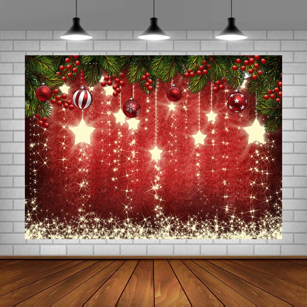 Aisnyho Christmas Backdrop Glitter Bokeh Sparkle Star Red Ball Merry Xmas Backdrops for New Year Family Party Decoration Picture Banner Booth Props 8x6ft(Not Glitter)