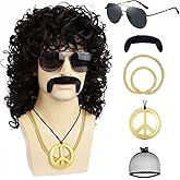 YTbeauty 6 Pcs Set 70s 80s Mens Disco Wig with Sunglasses Mustache Peace Sign Necklace Golden Chain for Rocker Party Long Black Curly Wig with Bangs for Halloween Costume Use