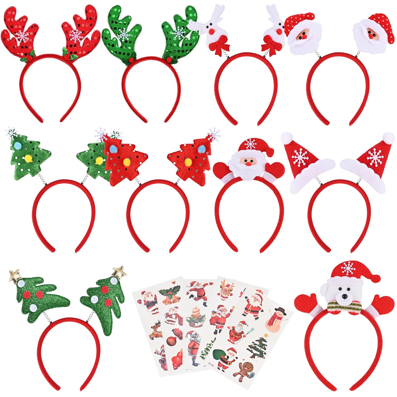 Faburo 10pcs Christmas Headbands Reindeer Antler snowman Headbands Christmas sticker for Christmas Holiday Party 10 styles