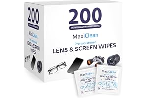 MAXI CLEAN Lens Wipes for Eyeglasses – 200 Lens Wipes Individually Wrapped, Pre-moistened Eyeglass Cleaning Wipes, for Glasses Cleaner, Sunglasses, Camera Lenses, Laptop Screens, Phones, Happy Eye Glasses