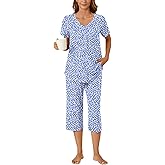 Bestbee Women's Pajama Sets 2 Piece Lounge Outfits Summer Sleepwear V Neck Short Sleeve Capri Pant With Pockets Ladies Pjs