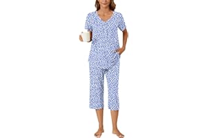 Bestbee Womens Pajama Set 2 Piece Lounge Outfits Summer Sleepwear V Neck Short Sleeve Capri Pant With Pockets Ladies Pjs