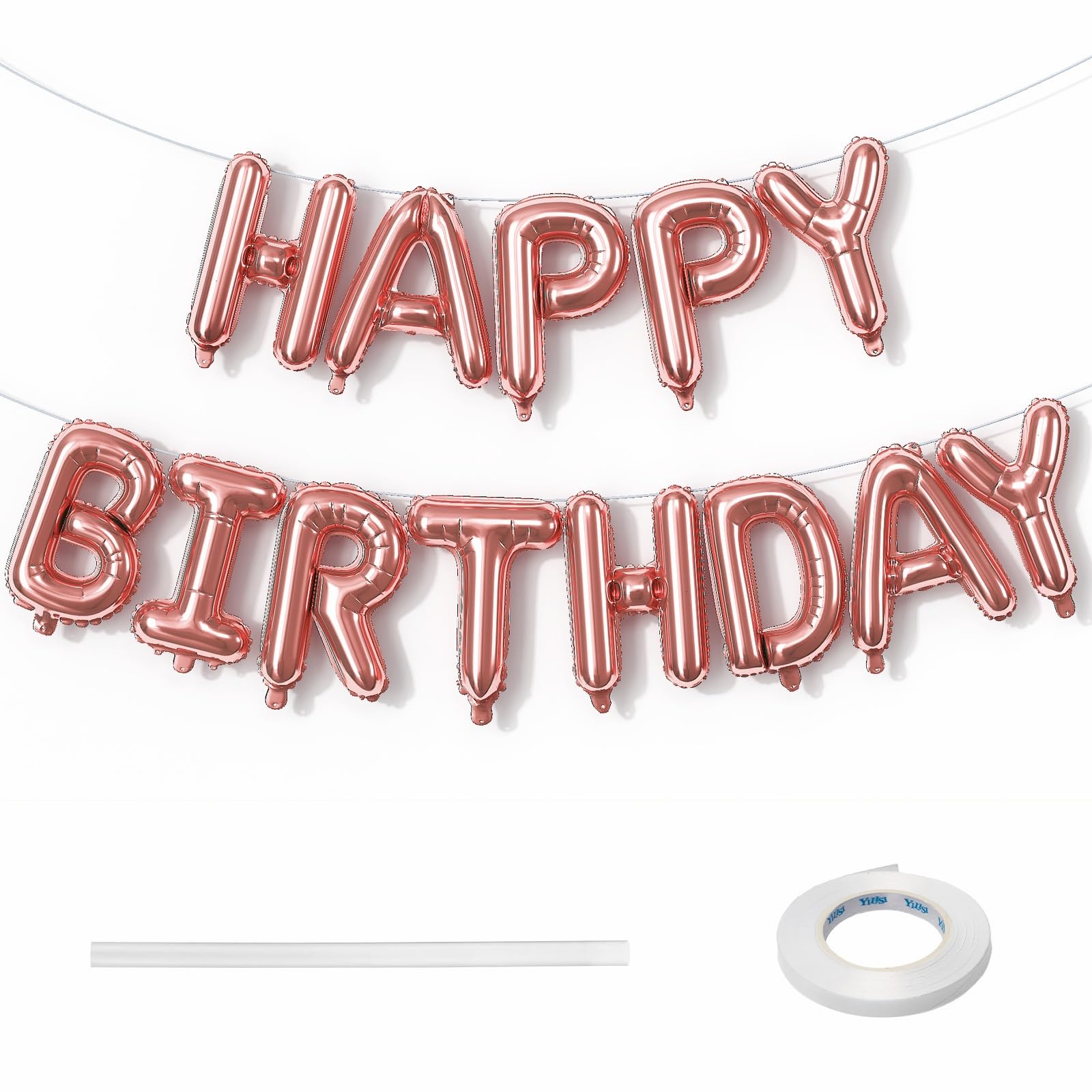 Lingqiang Happy Birthday Banner Balloon Rose Gold, 16 Inch Self Inflating Foil Balloon Bunting, Reusable Letter Balloons for Girls Women Birthday Party Decor Supplies — image 1