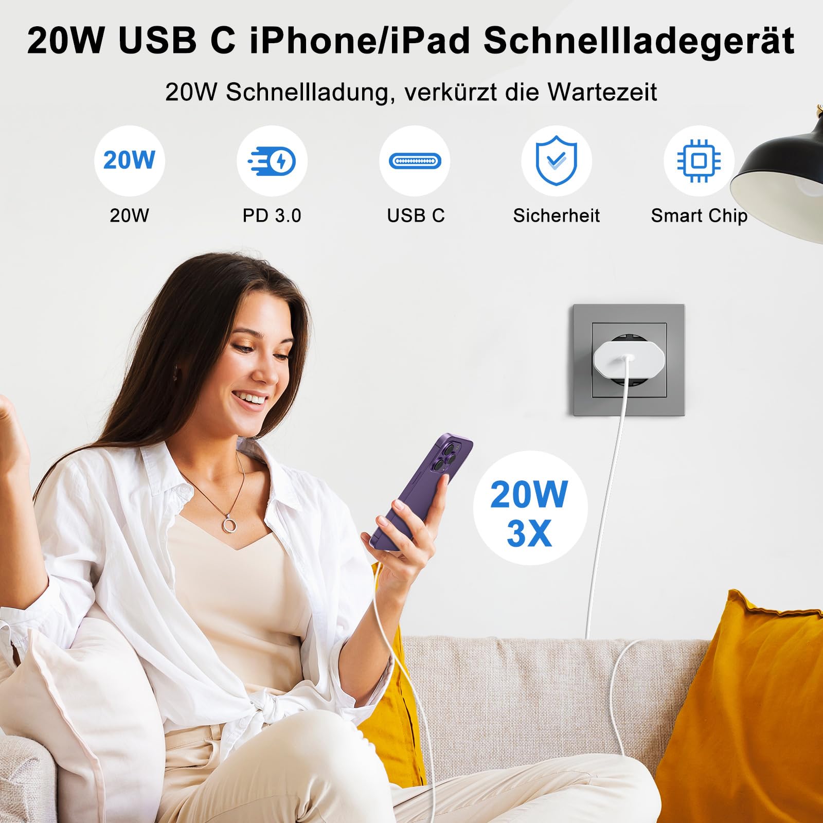 2 Pack 20W Schnellladegerät und Schnellladekabel für iPhone , Ladegerät mit iPhone Ladekabel 2M und 1M, Schnellladegerät für i Phone 14/13/12/11/Pro Max/Mini/SE/Xr/X/Xs Max, Pad 2