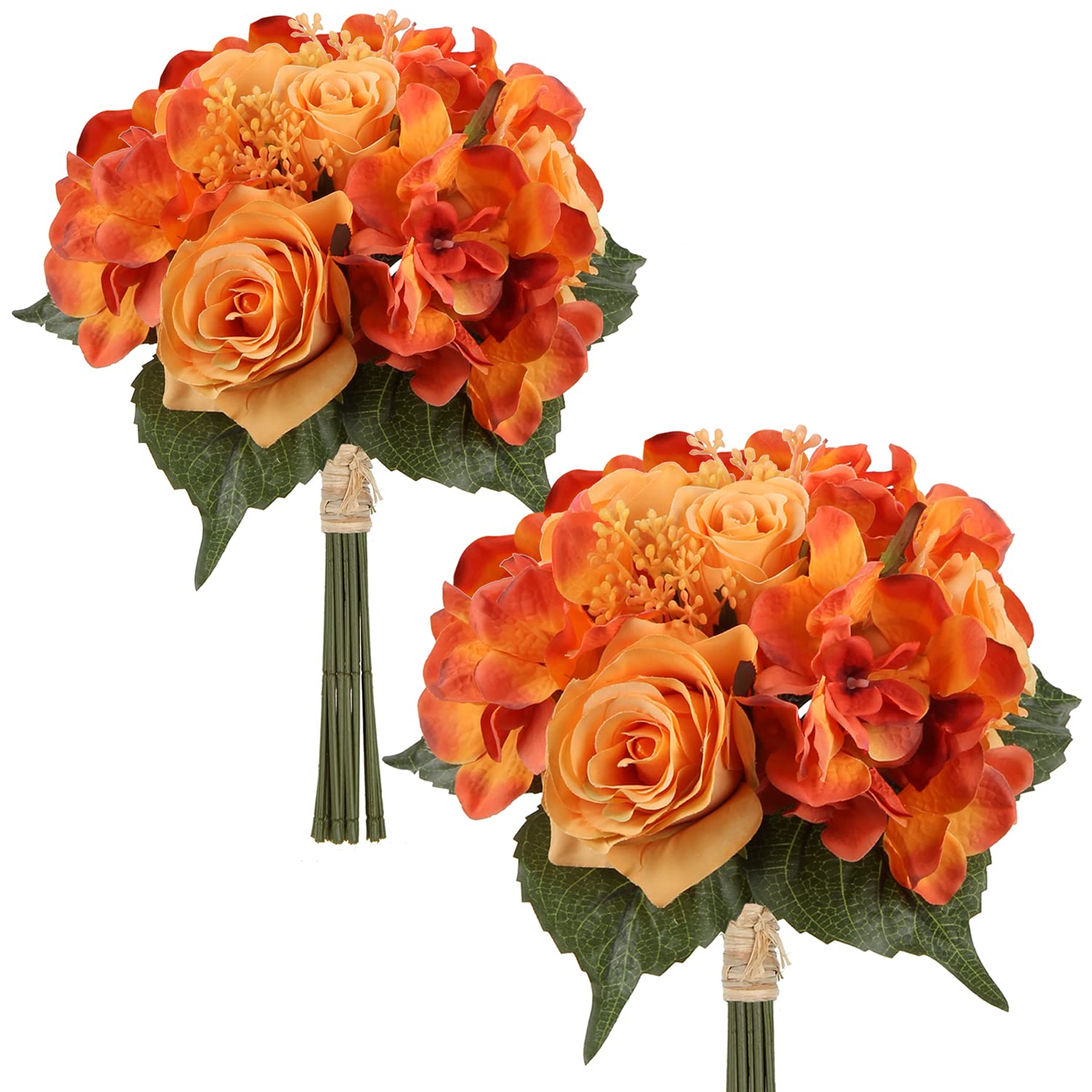 Photo 1 of DILATATA Artificial Rose Bouquet 12" Silk Roses Artificial Flowers Fake Orange Rose Flowers for Home Bridal Wedding Party Festival Decor - Faux Roses and Hydrangea 2 Pack