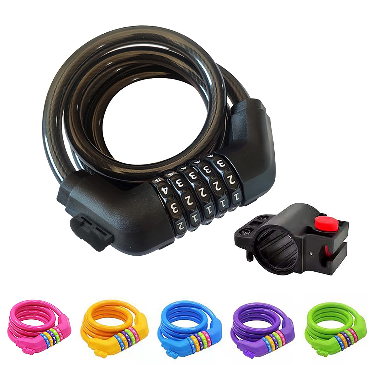 GOLDPOOL Bicycle Lock, Number Code Combination Cable Lock with Bracket, 4 Feets Long Diameter 12 mm Steel Cable, High Security, 5-Digit Bike Cable Lock, Black