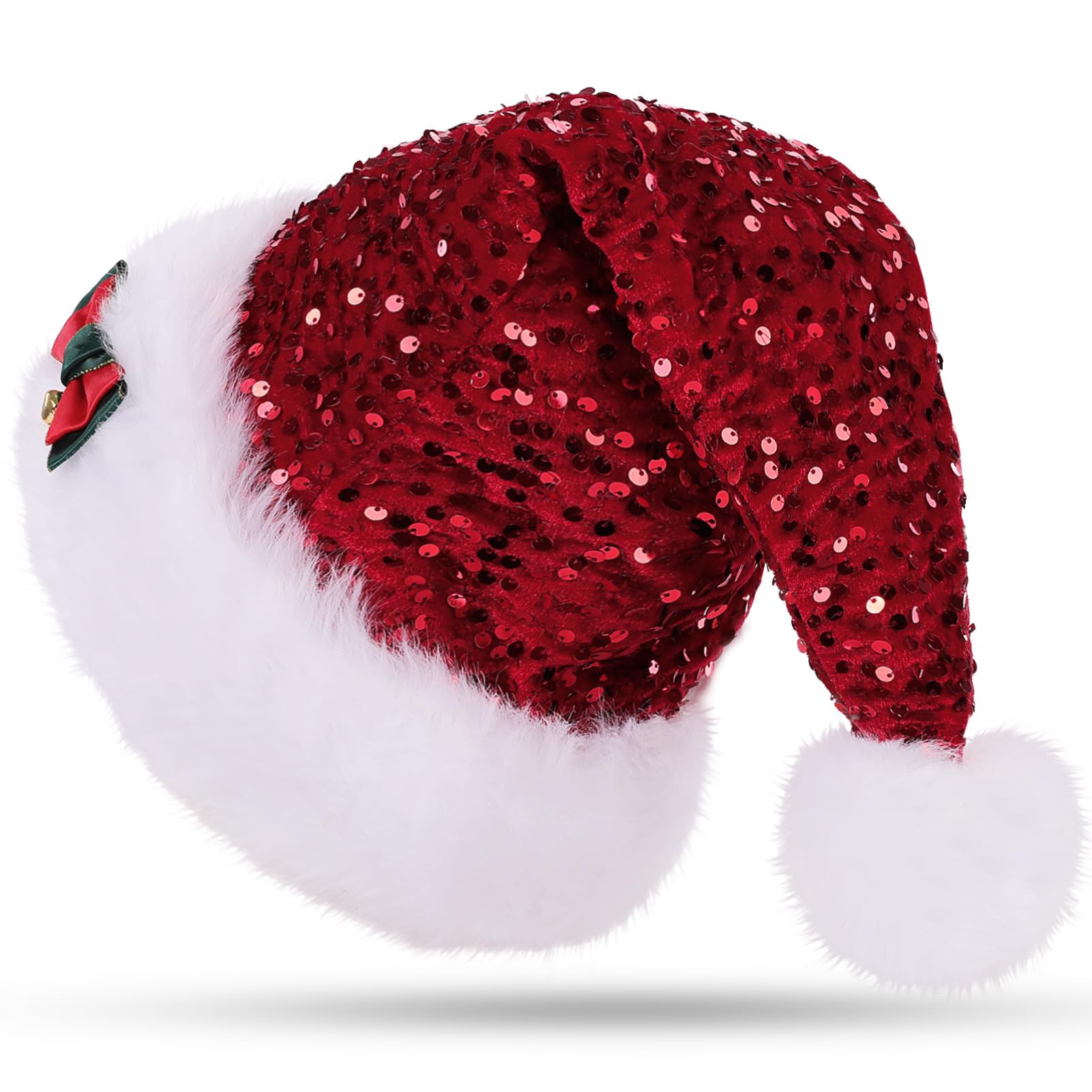 CITÉTOILE Santa Hat for Adults, Sequined Christmas Hat With Double Layer Lining, Xmas Claus for Men and Women With Bow — image 1