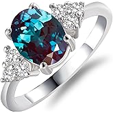 AUMIFY Oval Shaped 6x8mm Gemstone Rings for Women Promise Ring w/Side Created Moissanite, S925 Silver Plated w/Yellow White Gold, Gift for Engagement Anniversary Birthday Mothers Day Size 5 to 12