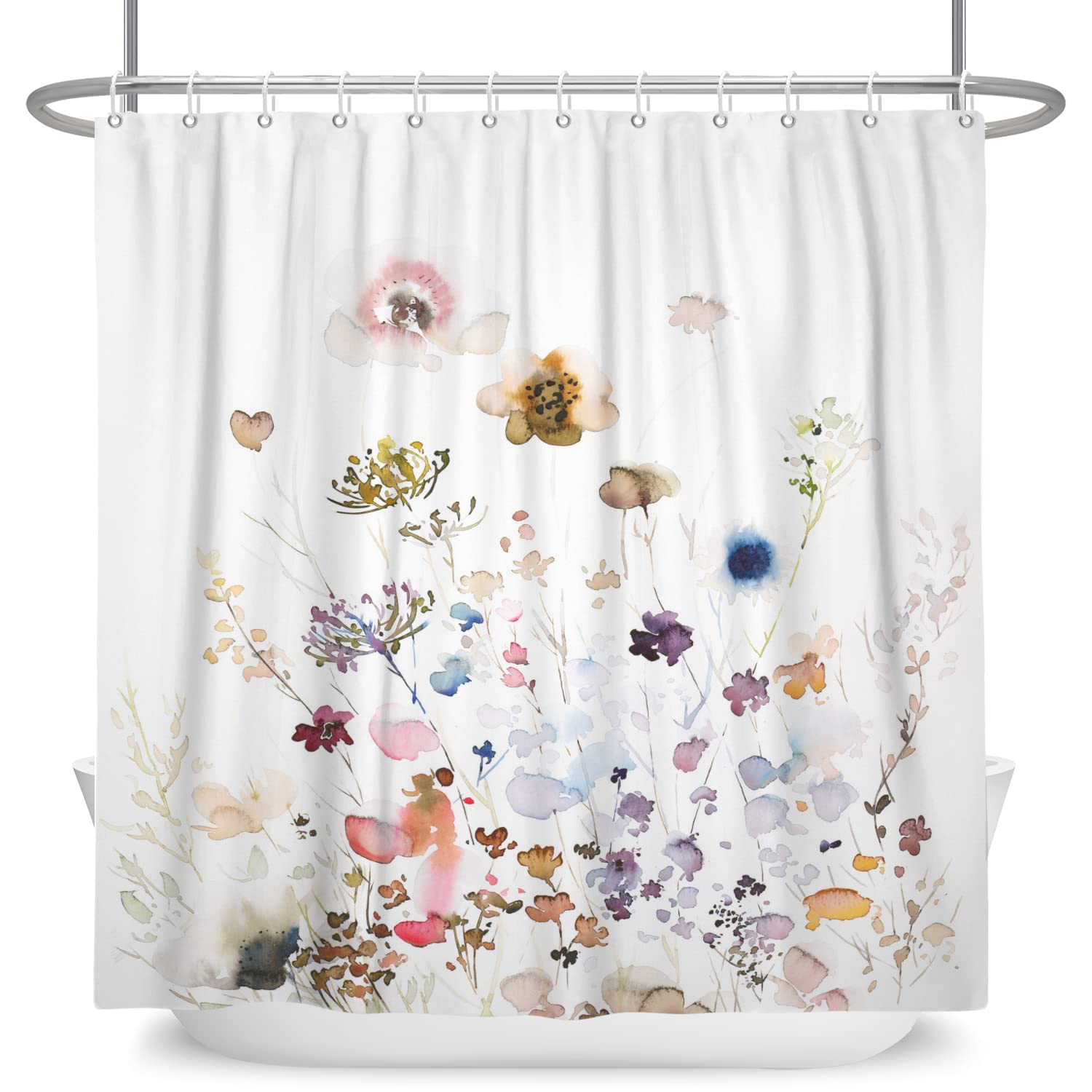 SDOTPMT 72x72inch Colorful Wildflower Shower Curtain Watercolor Flower Green Botanical Plant Countryside Theme Rustic Village Field Natural Landscape Bath Curtain for Bathroom Toilet with Hooks