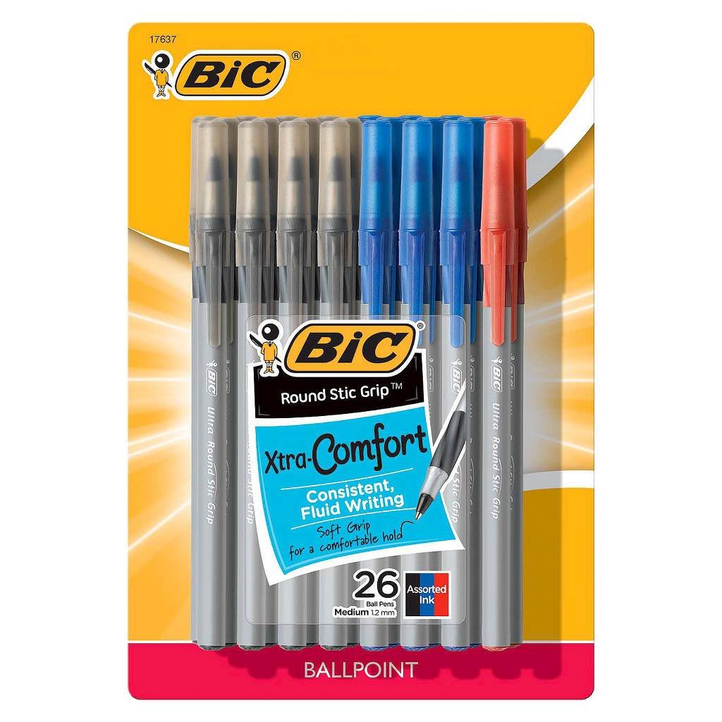 Bic Round Stic Grip Xtra Comfort Stick Ball Point Pens, 1.2mm, Medium Point, Assorted Colors, Pack of 26