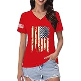 NEWKA American Flag V-Neck Shirts for Women USA Patriotic T-Shirt 4th of July Tee Tops