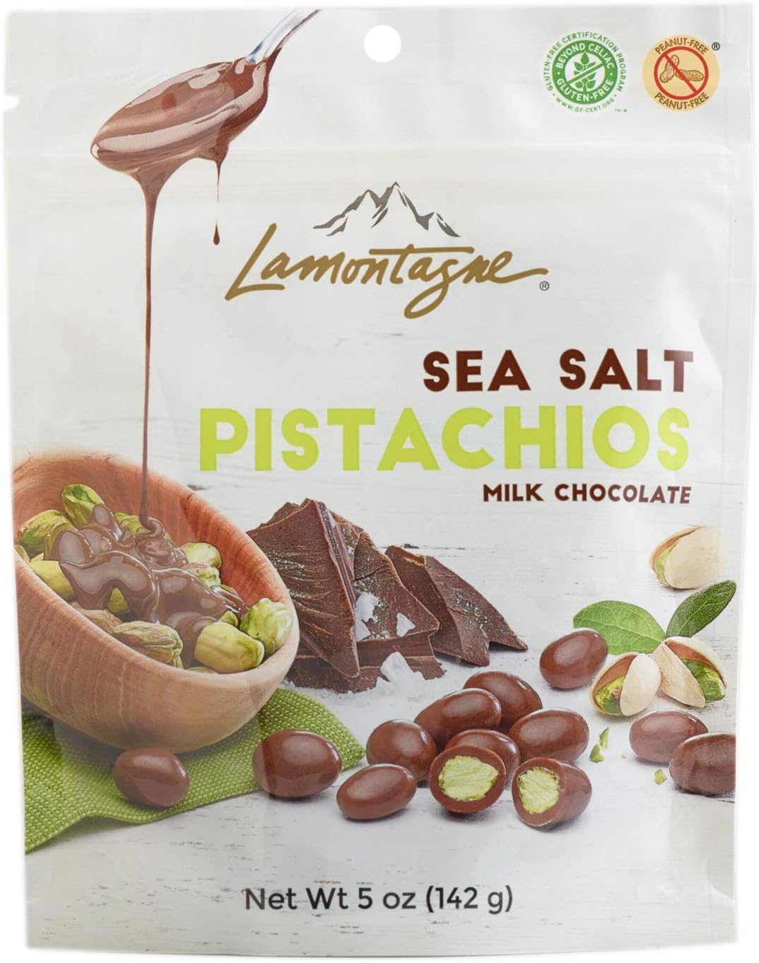 Lamontagne Milk Chocolate Salted Pistachios 5 Oz! Milk Chocolate Covered Roasted Pistachios With Sprinkle Of Sea Salt! Gluten-Free, Peanut-Free & Kosher! Sweet And Salty Snack!