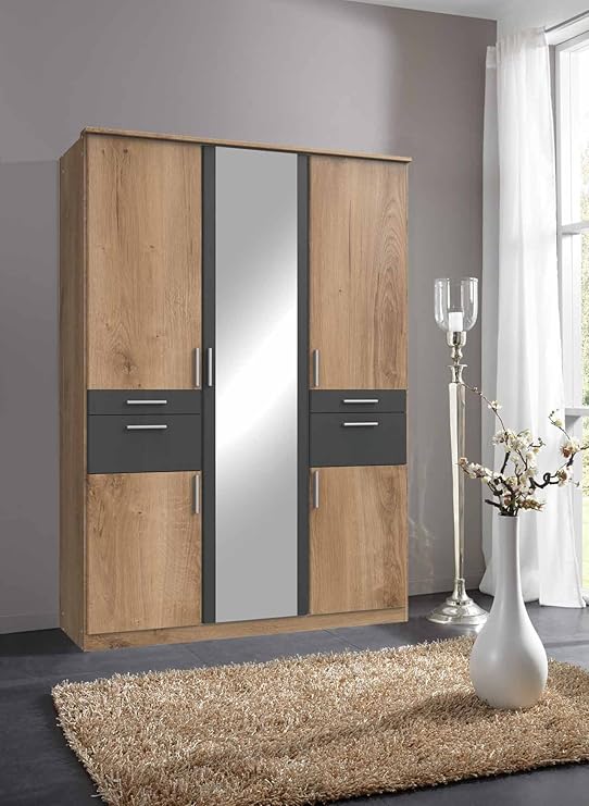 lifestyle4living Kleiderschrank, Planken-Eiche, Graphit-Grau, 135 cm