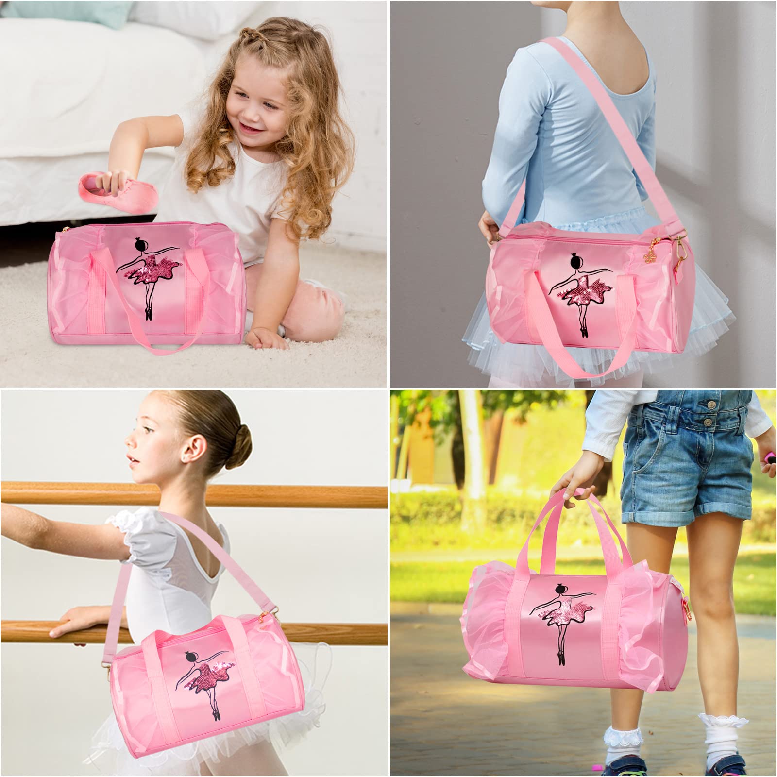KingBig New in 2024 Cute Ballet Bag Kits Tutu Dress Dance Bag, Girls Personalized Waterproof Duffle Bag with Key Chain Cute Plush hanging Pink ball(Pink)