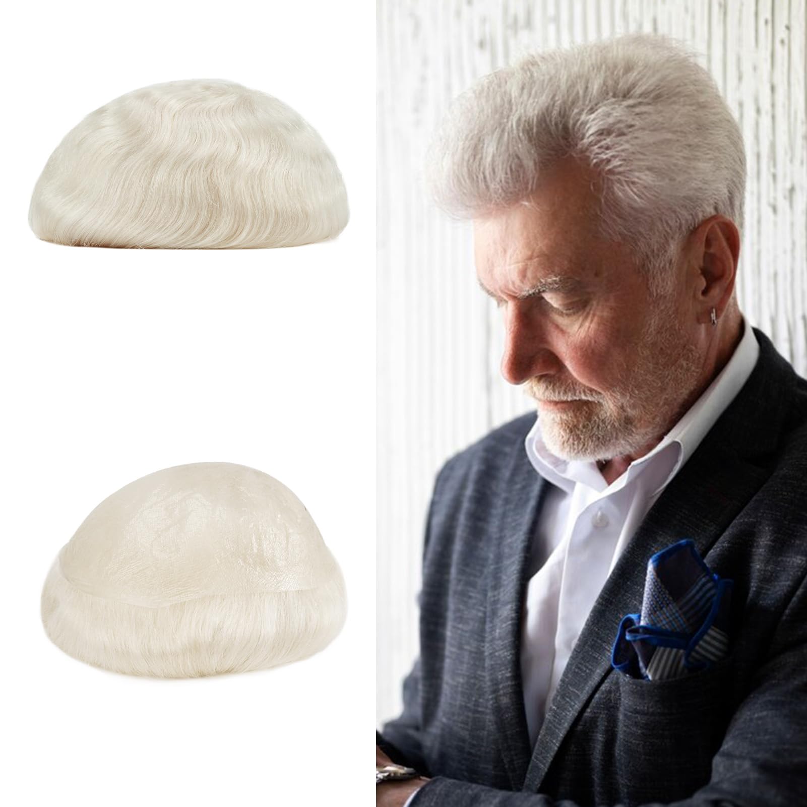 Lordhair Grey White Hair Toupee Hairpiece for Men, 0.06mm Thin Skin V-looped Human Hair 8x10 Inch Light Medium Density Hair Replacement System