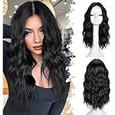 ANNISOUL Black Short Wavy Wigs for Women 18Inch Bob Wave Wig Middle Part Synthetic Lace Front Natural Hairline Hair for Daily Party Use
