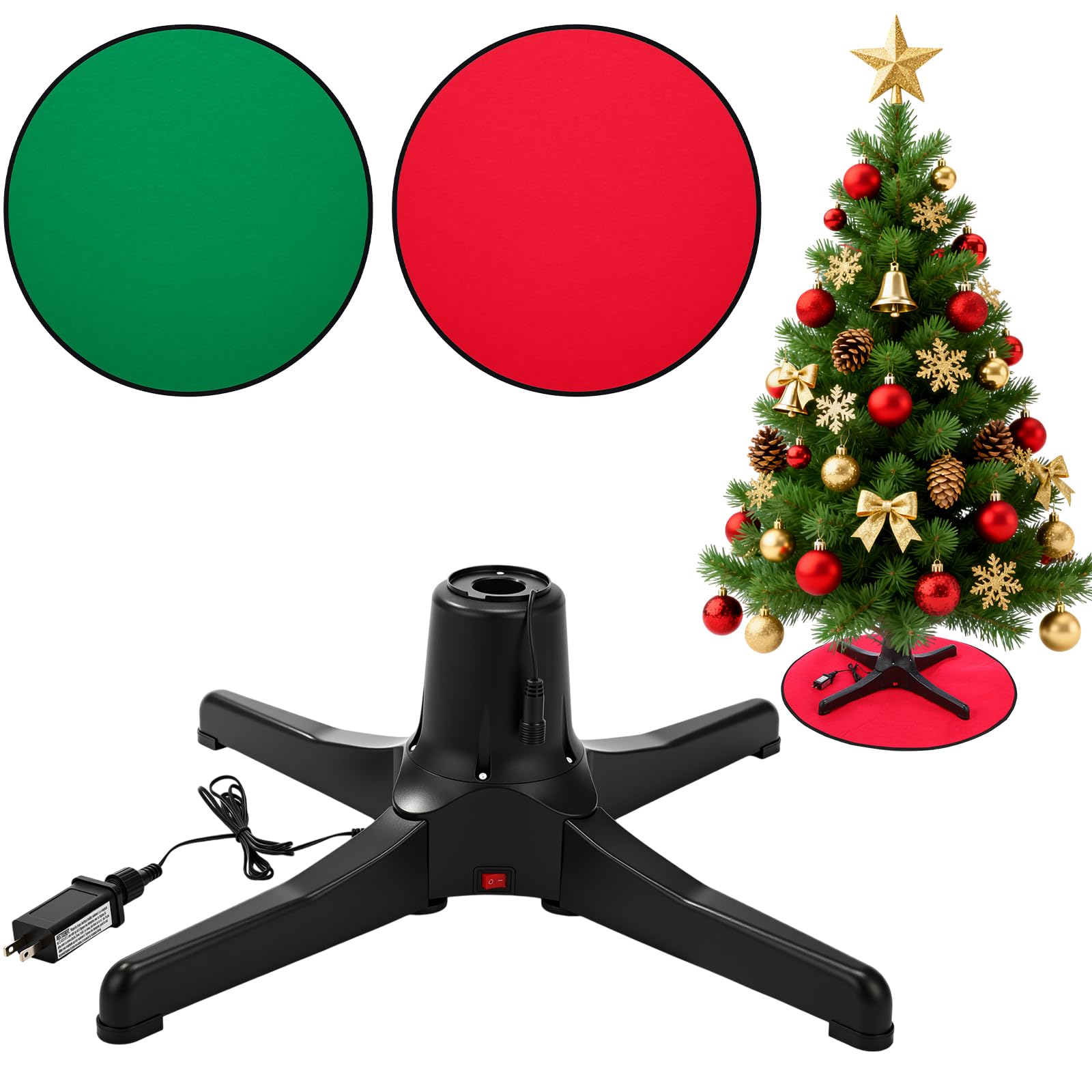 Photo 1 of Hortsun 360 Degree Rotating Christmas Tree Stand with 30'' Mat Electric Revolving Base Stand Holder for up to 7.5ft Spinning Xmas Tree with Built-in Electrical Outlet and 2 Settings Trunk Diameter