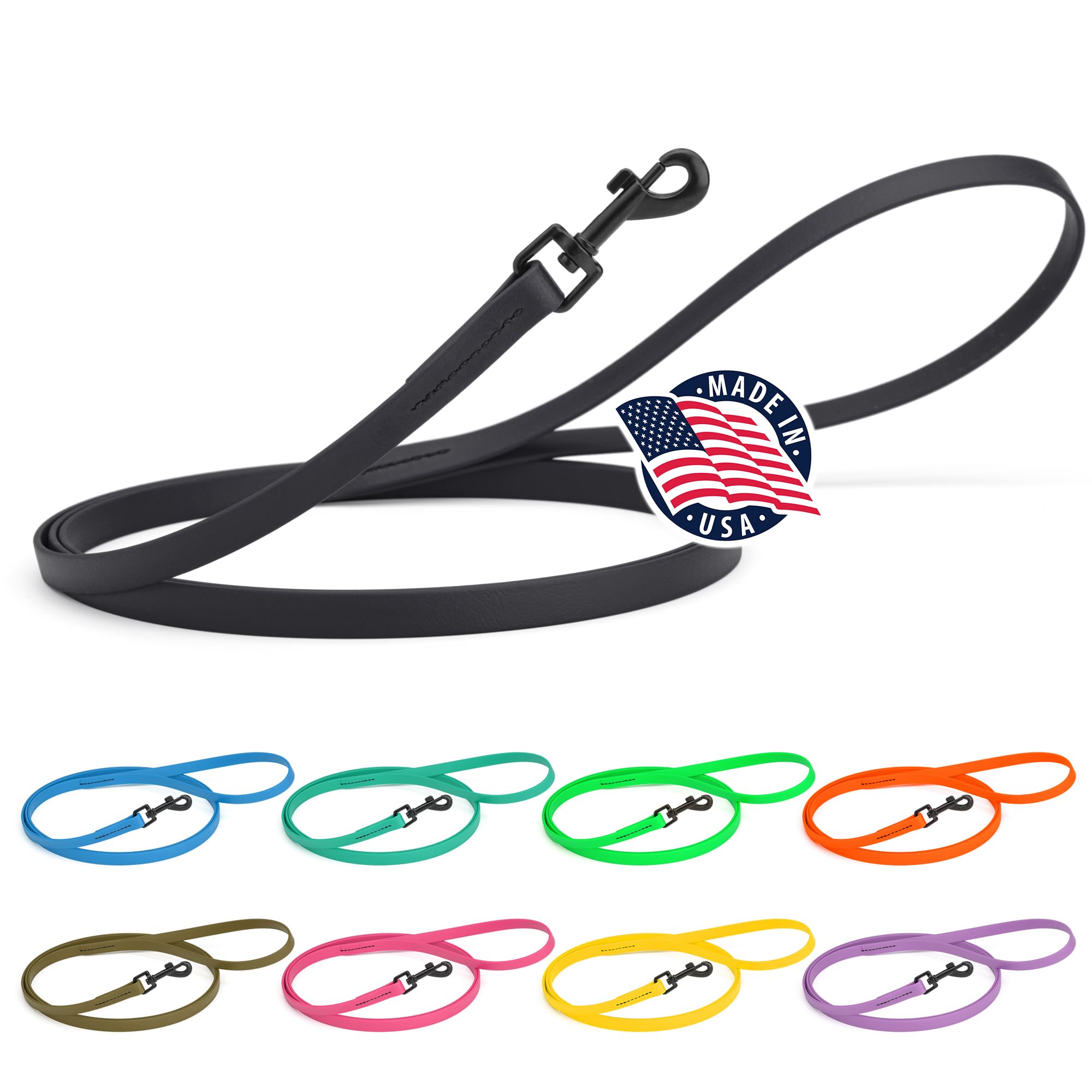 Dogline Biothane Waterproof Dog Leash Strong Coated Nylon Webbing with Black Hardware Odor-Proof Easy to Clean High Performance for Small or Large Dogs Made in USA 4 or 6 ft Lead, Black