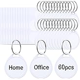 60 Pcs Key Tags 1.5 Inch Tough Plastic Reusable Key Tags Sturdy Round White Item Identifiers with Blank Paper Label Stickers and Split Rings - Ideal for Home,Office and Rental Management Use