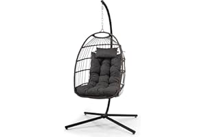 SereneLife Egg Chair with Stand – Hanging Rattan Wicker Swing for Indoor Outdoor Use – 350 lbs Capacity, Breathable Cushion & Headrest – Patio, Balcony, Porch, Bedroom Lounge Furniture