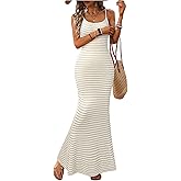 GORGLITTER Women's Crochet Striped Fishtail Bodycon Maxi Dress Backless Sleeveless Strappy Casual Summer Long Sundress Apricot Medium