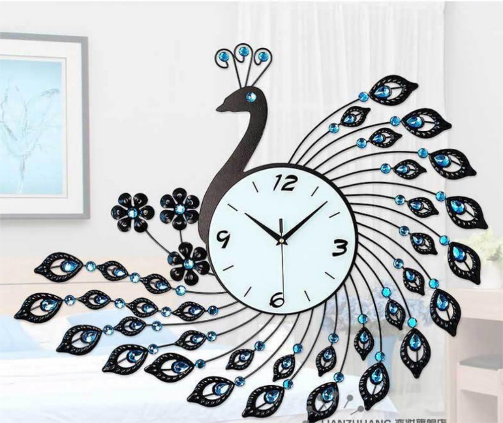 Newo ZQ111 Iron Art Diamond-encrusted Wall Clocks Blue Dancing Peacock Luxurious design Home Décor 78×64cm