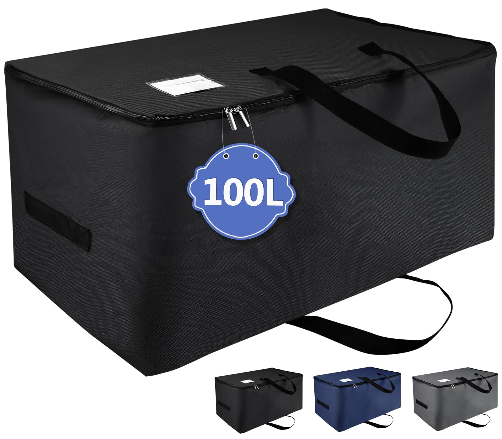 IHOMGAIC 100L Extra Large Storage Bag, Tote Storage Organizer with Double Zipper and Carry Handles, Collapsible Under Bed Storage Quilt Pillow Containers with Clear Pocket 27.5x16.5x13.7in (Black, L)