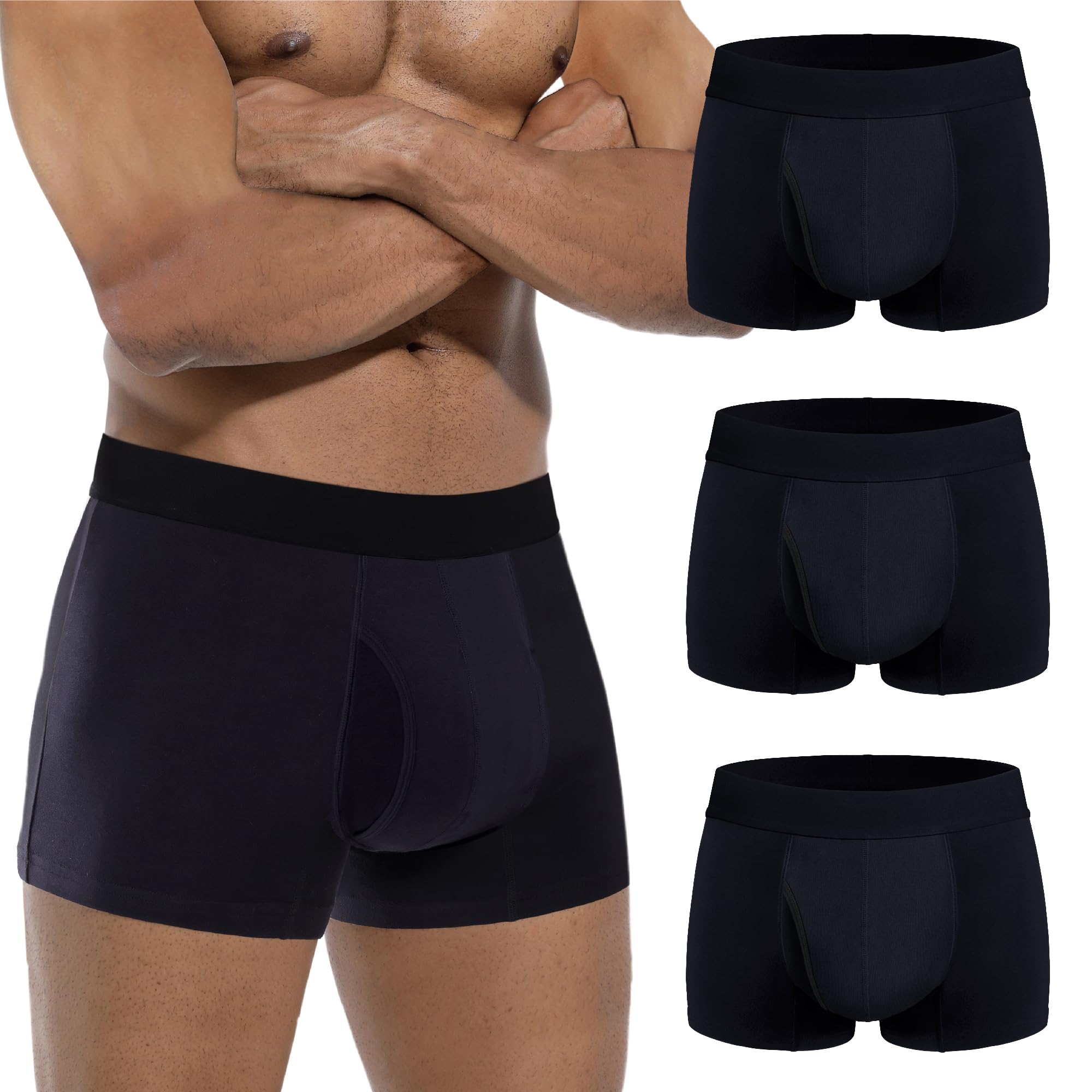 Photo 1 of IRISMORII Mens Absorbent Incontinence Underwear Washable Open Fly Leakage Protective Briefs Adult Leak Proof Boxer (3 Black, M)