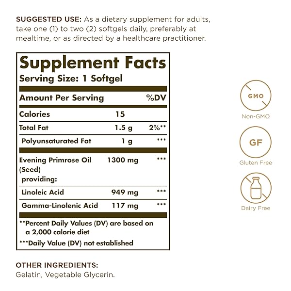 SOLGAR EVENING PRIMROSE OIL 1300 MG – 60 SOFTGELS, PACK OF 2 – COLD-PRESSED SOURCE OF GLA – NON-GMO, GLUTEN FREE – 120 TOTAL SERVINGS
