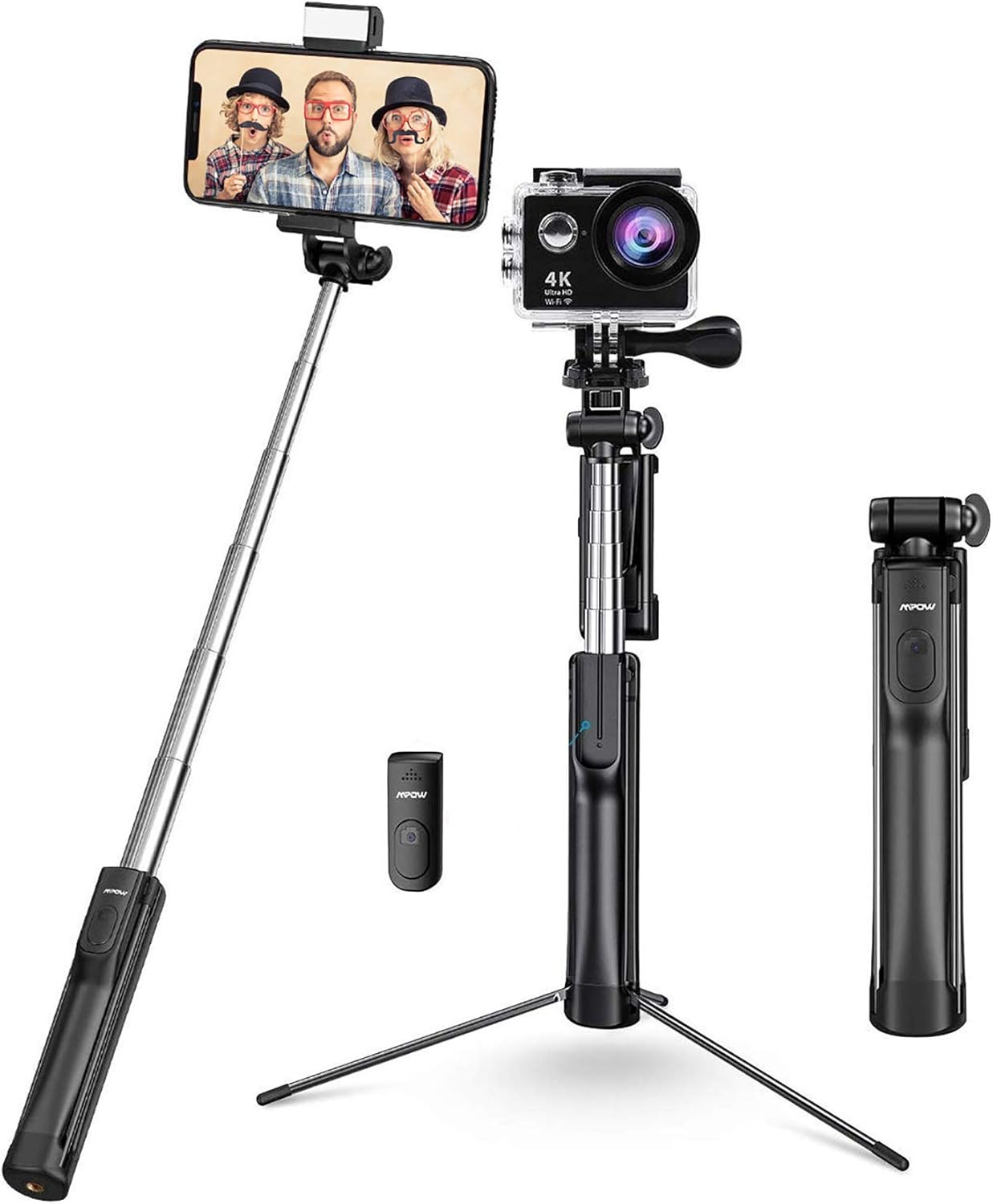 Mpow Selfie Stick Tripod, All in 1 Portable Extendable Selfie Stick with Bluetooth Remote & Fill Light, Compatible iPhone 11/11PRO/XS Max/XS/XR/X/8P/7P, Galaxy S20/S10/S9/S8 Gopro/Small Camera, Black