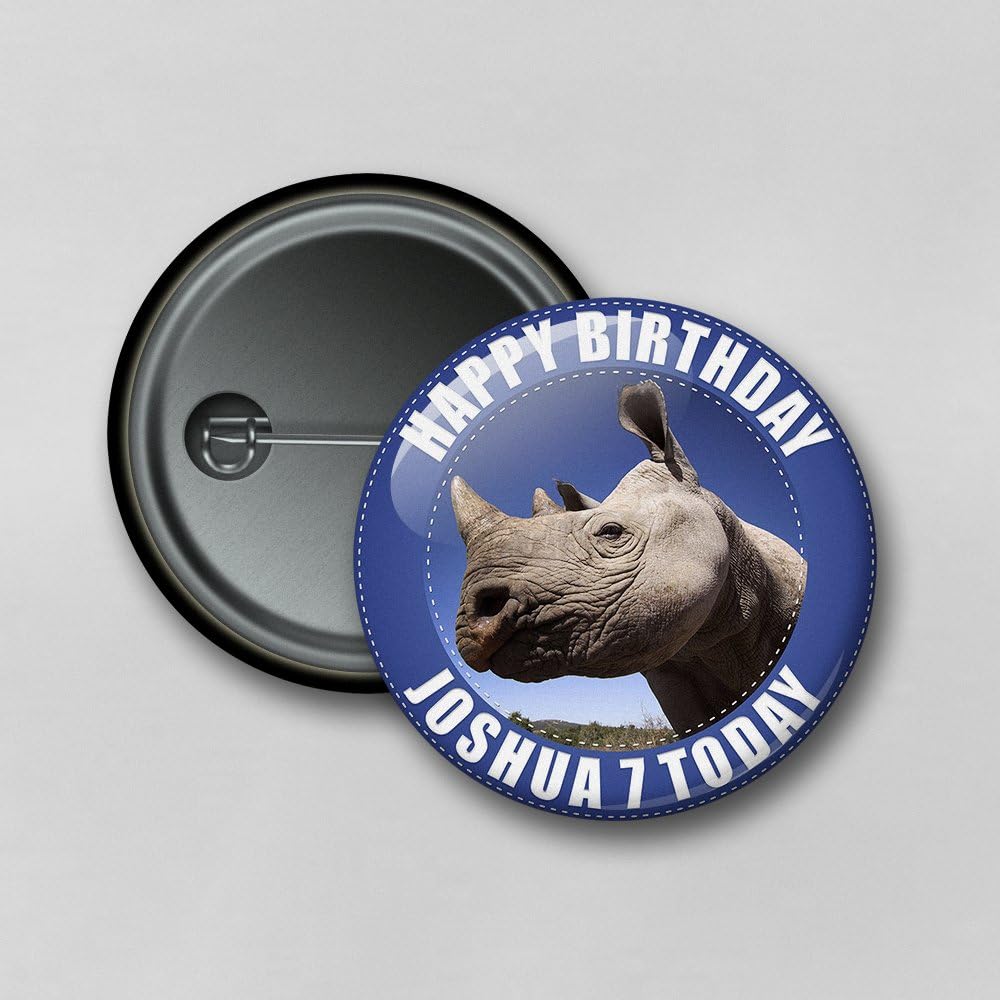 Dalton Designs UK Personalised African Rhino High Resolution Safety Pin Badge - Size: 7.7cm