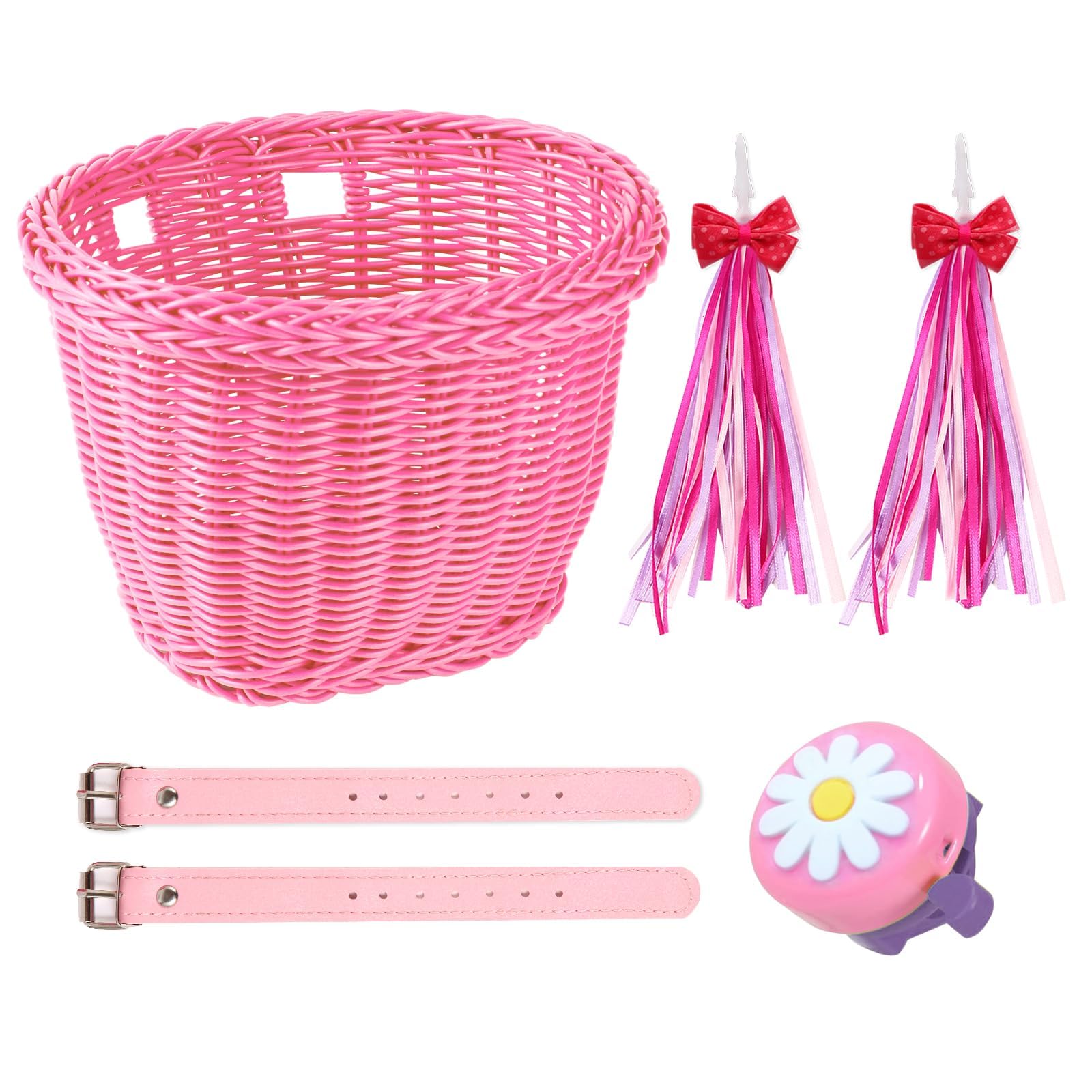 SVNR Kids Bike Basket, Girl Bike Basket Pink, Cycling Handle Bowknot Streamers and Bell, Children Cycling Baskets with Spare Leather Straps, Easy Install Detachable