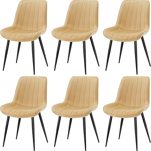 LONGTOO Set of 6 Dining Chairs with Velvet Upholstered Seat & Backrest,Stable Metal Legs,Modern Stripe Design,Champagne