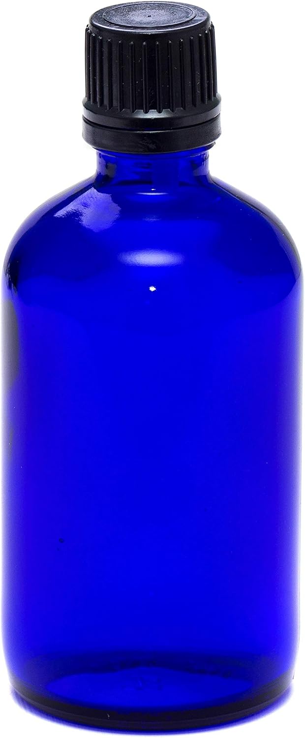 Aura 100ml BLUE Glass Bottles with Black Tamper Evident Caps & Droppers - PACK of 8