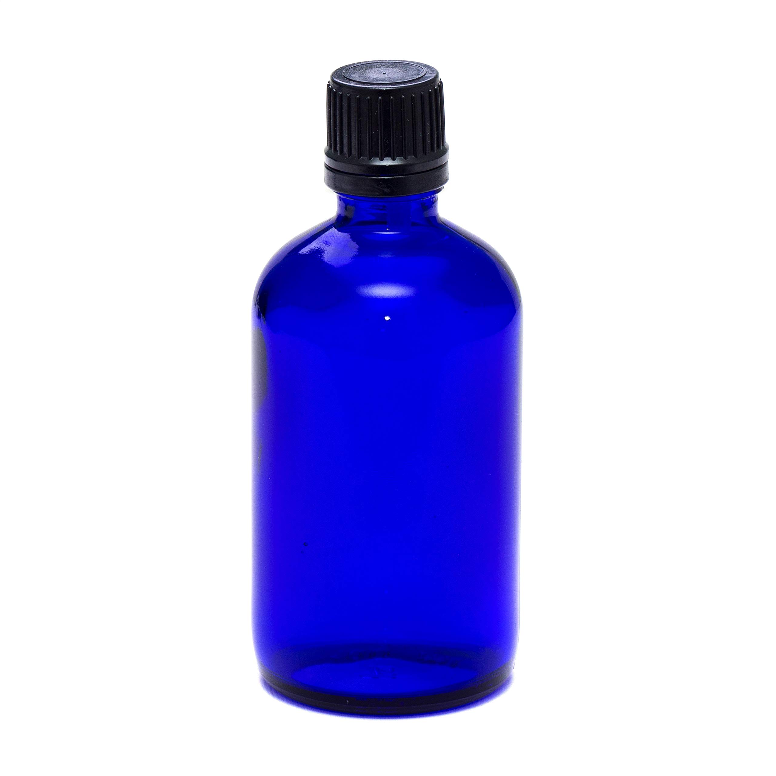 Aura 100ml BLUE Glass Bottles with Black Tamper Evident Caps & Droppers - PACK of 8
