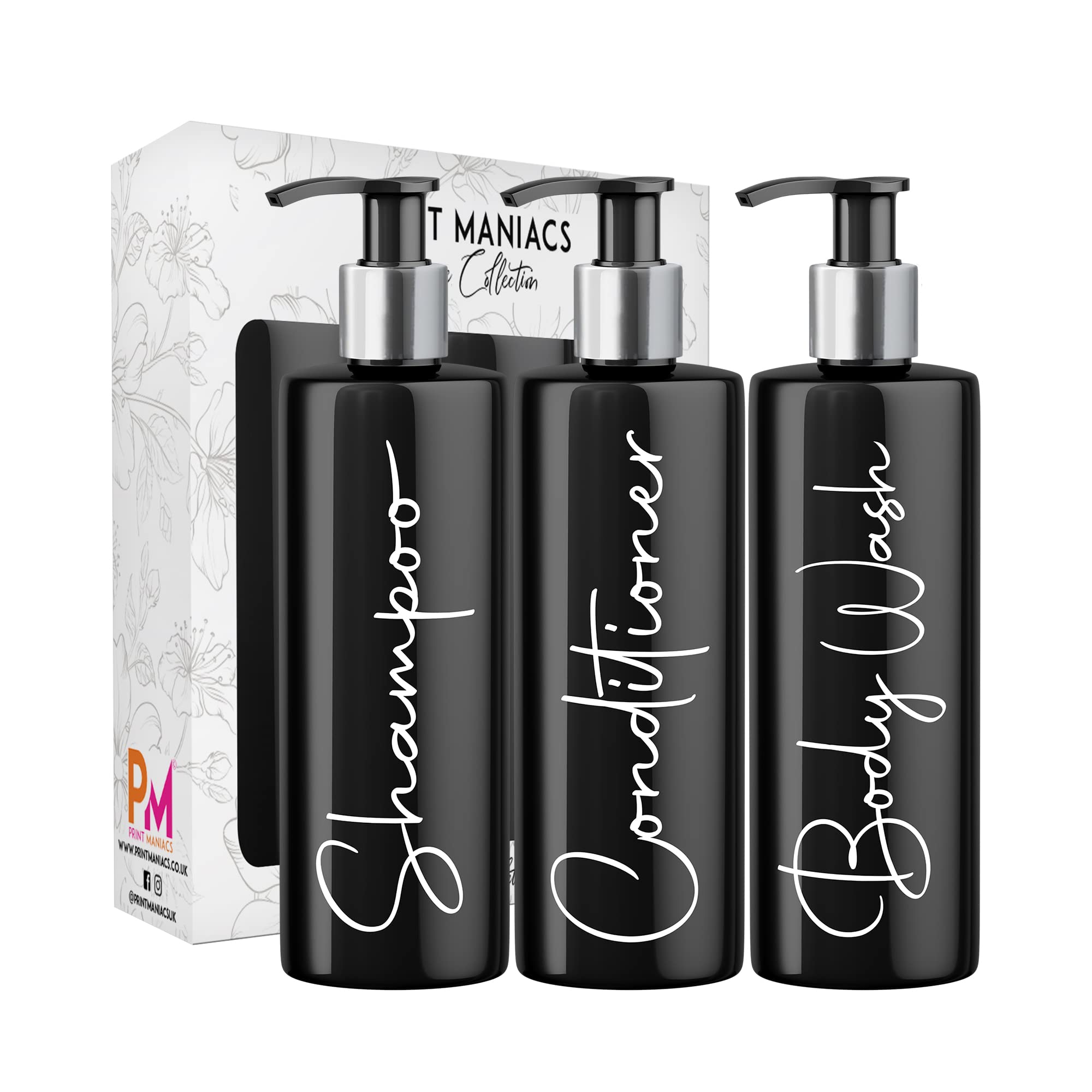 Print Maniacs Mrs Hinch Inspired Black Personalised Dispenser Silver Pump Bottles Set 3 F2 (White)