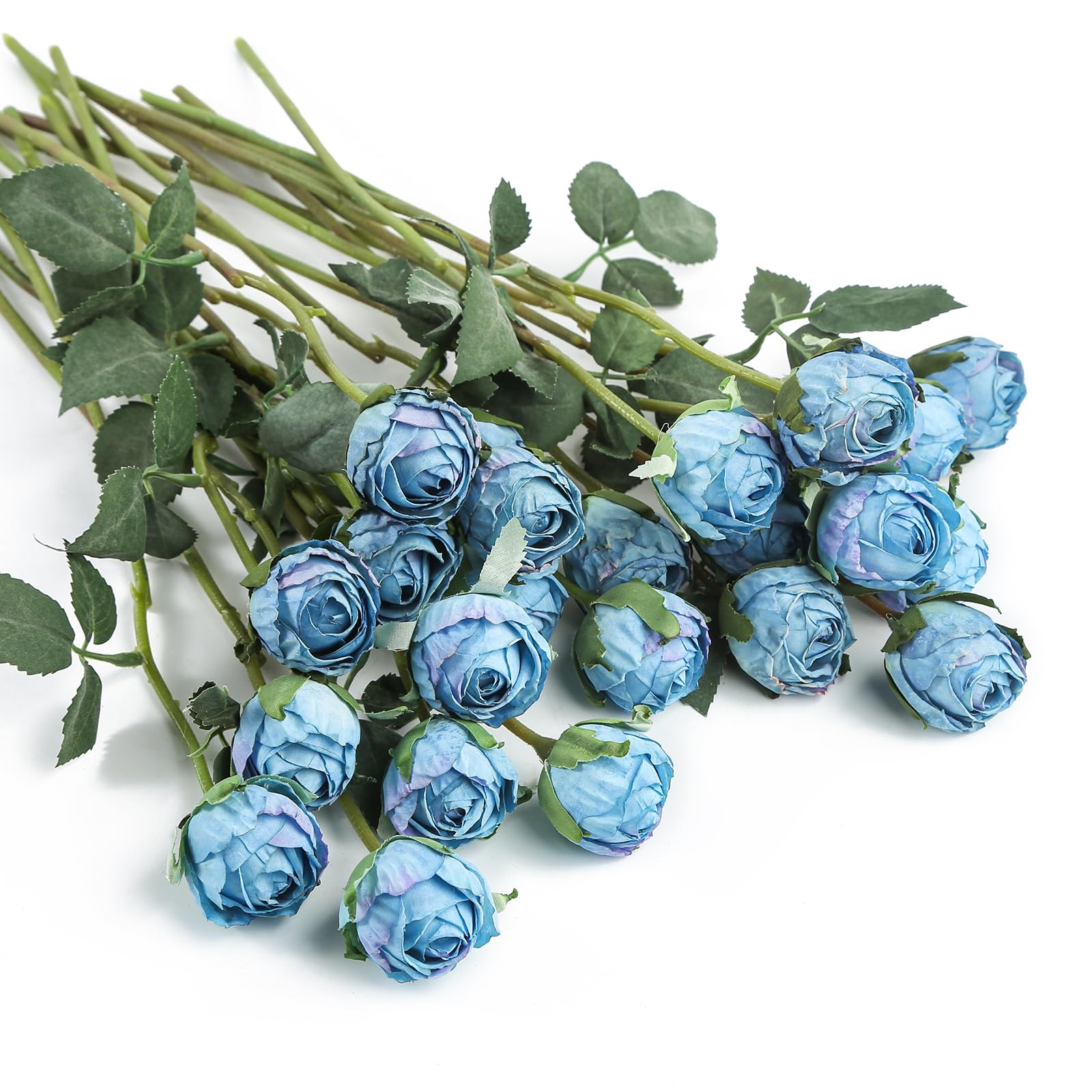 DuHouse 24pcs Artificial Silk Roses with Long Stems – Vintage Style Fake Rose Flowers for DIY Bouquets, Wedding Centrepieces, Party or Home Decoration(Vintage Blue)