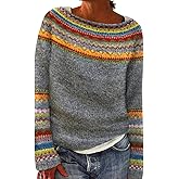 XNC Women's Casual Colorful Retro Knitted Fair Isle Print Sweater 2025 Trendy Fall Winter Oversized Lightweight Pullover Tops