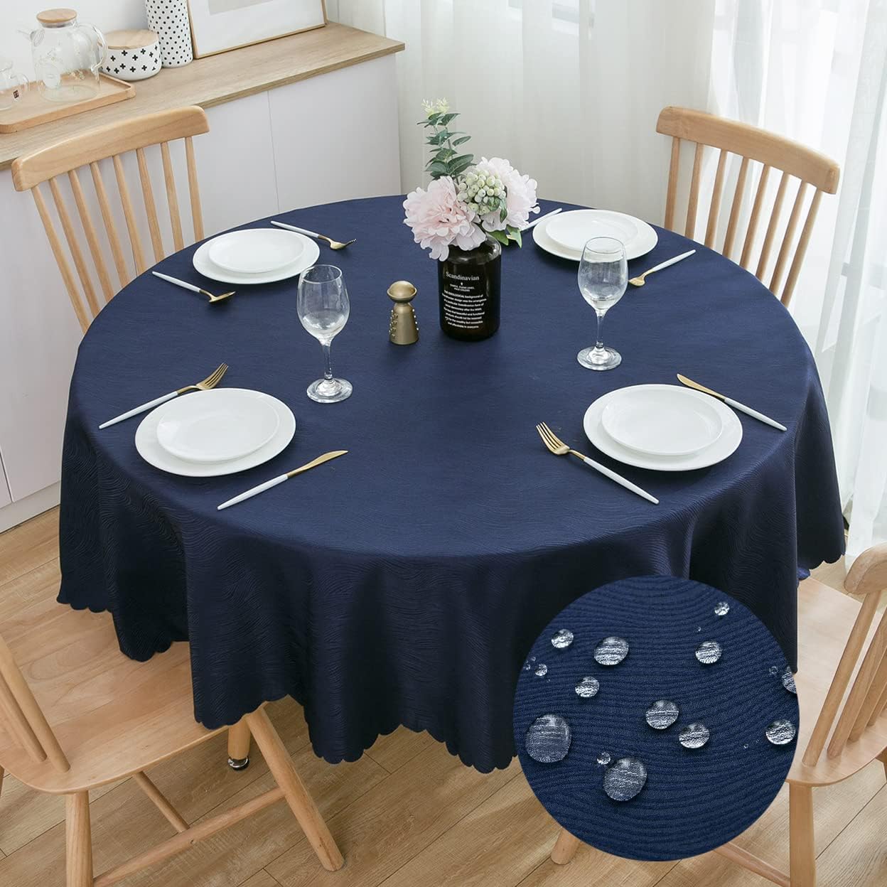SPRICA Round Jacquard Tablecloth Water Resistance Solid Colour Table Cover, Water Ripples Pattern Design, Machine Washable, Diameter 200cm, Navy Blue