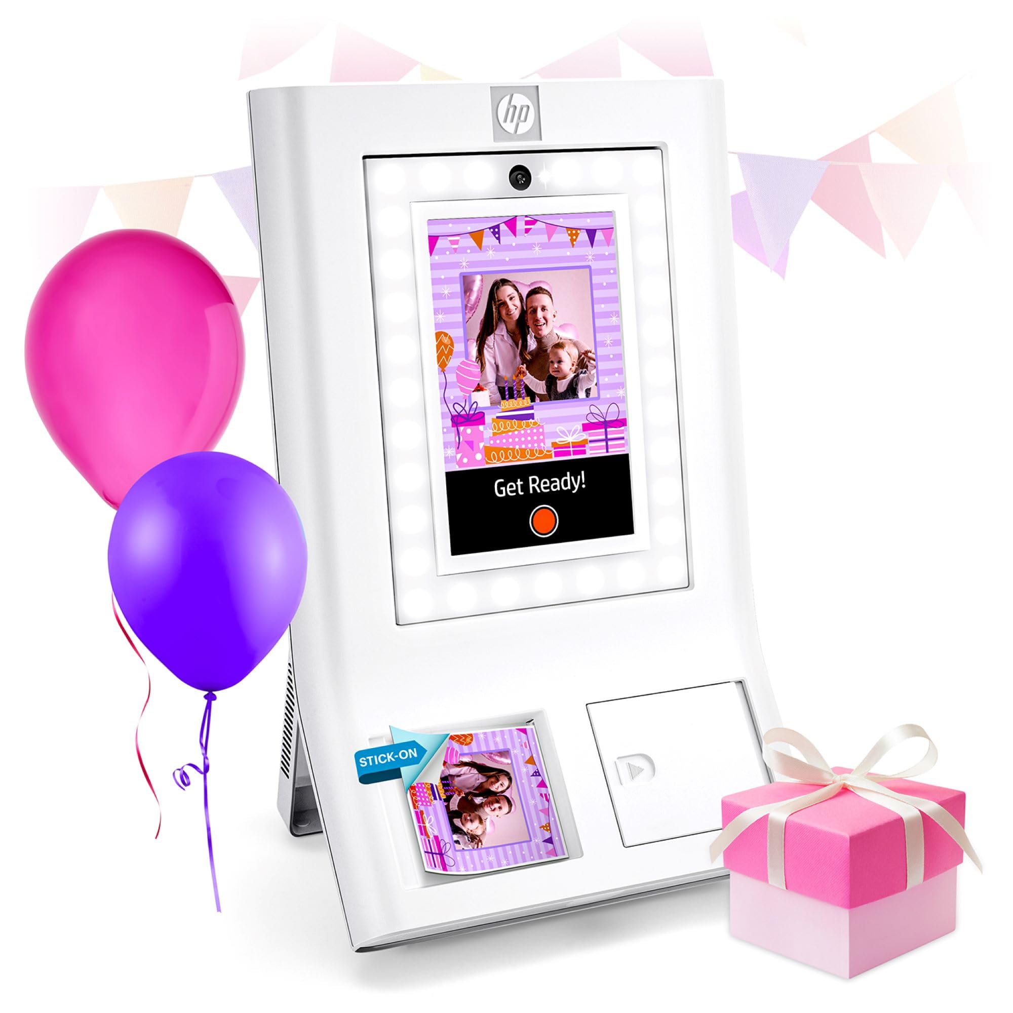 HP Sprocket Photobooth Stampante fotografica 3x4” Bianco – 250+ cornici, stampa su carta Zink, Wi-Fi, luce LED, touchscreen & app mobile., Bianca