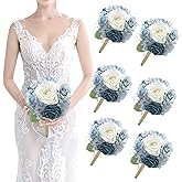 SEMONONIA Artificial Bridesmaid Bouquets Set of 6-7 Inch Silk Bouquets for Bridesmaids, Pre-Made Small Wedding Bouquet Fake Flowers for Bridal Shower, Table Centerpieces, PartyDecor - Dusty Blue