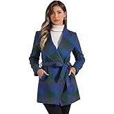 Allegra K Women's Plaid Belted Wrap Overcoat Shawl Collar Asymmetric Hem Fall Winter Coat